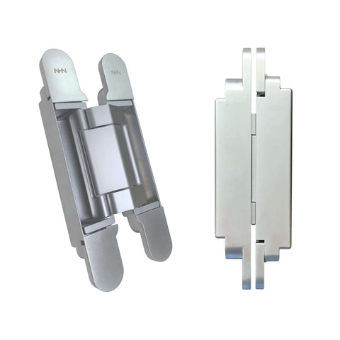 Satin chrome concealed 3D adjustable invisible hinge set of two up to 352 lbs per door for frameless doors, side and front views