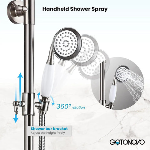 360-degree handheld sprayer from 8 Inch Round Rain Shower Head Kit With Double Cross Handle Diverter Tub Spout Wall Mount Fixtures