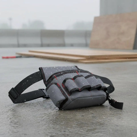 Rig Ready Waterproof Oxford Canvas Tool Belt Waist Pack With Slick Adjustable Strap And Killer Storage Loops Hella Comfortable For Electricians Crushing It On Site, shown in rain on pavement.