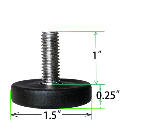 Heavy Duty 1.5 Inch Base Furniture Levelers Pack Of 8 In 304 Stainless Steel Construction Built Tough With 3/8-16 Bolt Adjustable 0.25 To 1.25 Inches Low Profile Feet For Tables And Chairs. Close-up showing dimensions: 1.5in base, 0.25in to 1in adjustable height.