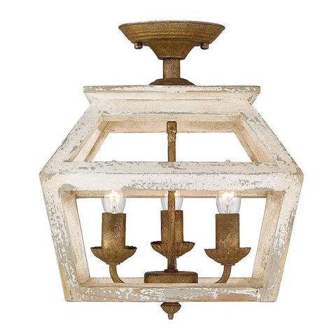 Haiden Semi Flush Mount Ceiling Light in Burnished Chestnut with Distressed Light Gray Cedar Wood Frame, modern lantern style fixture