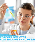 Woman wearing clear safety glasses handling lab equipment, Clear And Grey Safety Glasses Set For Work Lab And Construction ANSI Z87.1 Rated