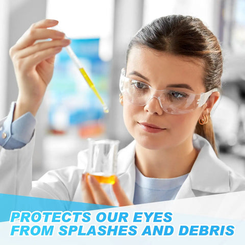 Woman wearing clear safety glasses handling lab equipment, Clear And Grey Safety Glasses Set For Work Lab And Construction ANSI Z87.1 Rated