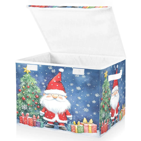 Heavy Duty Collapsible Linen Storage Cubes With Flip Top Lid And Sturdy Rope Handles Super Roomy Closet Organizers festive design with Santa and Christmas tree
