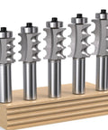 Sick Craftsmen Love Pro Grade 5 Piece Triple Beading Router Bit Set with three unique cutter designs on display.