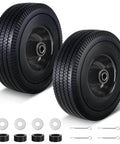 Solid Tire Set For Hand Trucks And Wheelbarrows With Ten Inch Flat Free Tires Size Four Point One Zero By Three Point Five Zero Four Five Eighths Inch Axle Bore Two Point Two Inch Hub Offset Includes Adapter Kit Two Pack with accessories