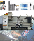Qiokoith Mini Metal Lathe Benchtop Industrial Precision Engine with tools, chuck and toolbox for steel parts machining.