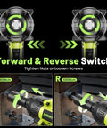 Heavy Duty Cordless Impact Wrench Delivers 1000 Nm Torque And 738 ft-lbs showcasing forward and reverse switch functionality.
