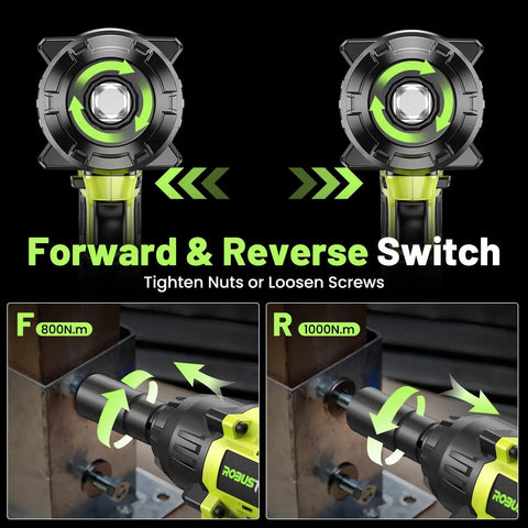 Heavy Duty Cordless Impact Wrench Delivers 1000 Nm Torque And 738 ft-lbs showcasing forward and reverse switch functionality.