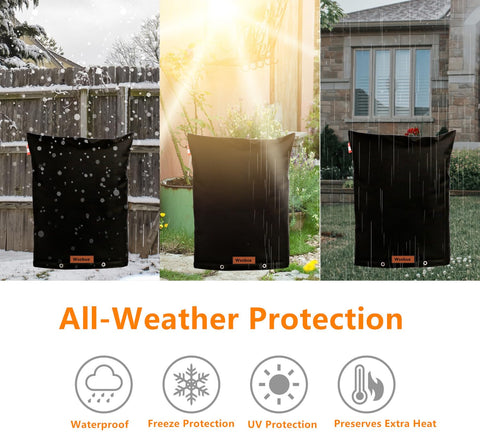 Backflow Preventer Cover Insulated Pouch Outdoor Pipe Insulation Cover Winter Freeze Protection Water Well Pump Cover Sprinkler Valve Cover Insulated Black 16W By 20H Weatherproof Thermal Padding For Frost And Snow shown protecting outdoor pipes from rain and snow.
