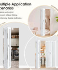 32 Inch Bifold Closet Doors With Full Lite Frosted Glass Panels, shown in laundry, cloakroom, and kitchen settings.