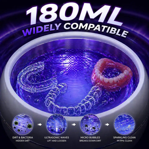 Ultrasonic Retainer Cleaner Machine With 3 Retainer Cleaning Tablets in action, cleansing dentures and aligners in 180ml tank