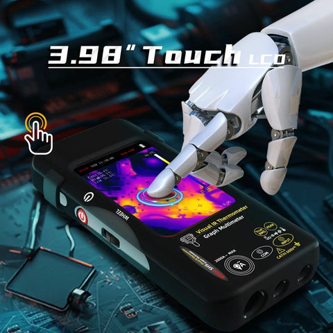 Robot arm using Dual Light Fusion Thermal Imager Multimeter Pro Grade With Date Recorder, 428x320 IR Resolution, 3.98" touch LCD.