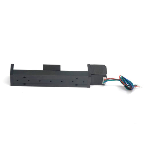 Befenybay 100mm mini linear rail guide with T6x1 lead screw and NEMA11 stepper motor; black body, multi-wire cable.