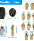 Keyless Drill Chuck Collet Set 15 Piece For Rotary Tools size chart with metric dimensions for adapters and chucks