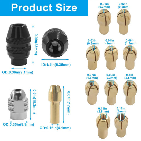 Keyless Drill Chuck Collet Set 15 Piece For Rotary Tools size chart with metric dimensions for adapters and chucks