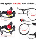 Hydraulic E Bike Brake Upgrade Kit With Waterproof Power Off Sensor Two Pin And Three Pin Connectors Pre Bleed Levers And Calipers 160mm Rotors Dual Piston Braking For Quick Powerful Stops showing calipers and hoses