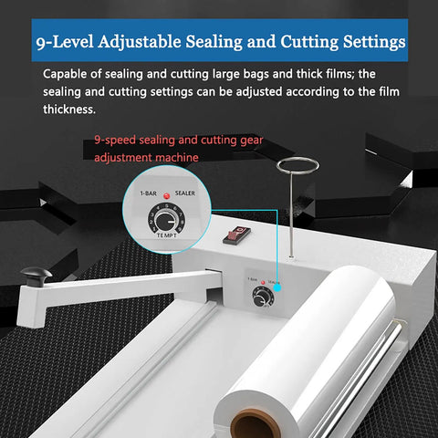 Adjustable Heat Sealing Machine For Bags And Pouches 530W Shrink Wrap Sealer With Pure Copper Transformer showing 9-speed settings.