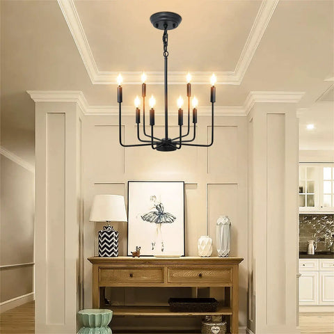 Black Farmhouse Eight Light Candle Chandelier Modern Pendant Fixture For Dining Room Kitchen Island Bedroom Entryway And Foyer Dope Industrial Vibe With E12 Base