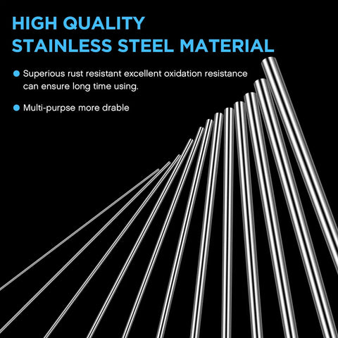104 Piece Spring Steel Wire Set With 40 Cm Length In 12 Diameters From 0.3 To 3.0 mm Straight Full Hard Stainless Wire For Jewelry Making DIY Projects And Metalworking For DIYers And Craft Junkies showcasing wires on dark background