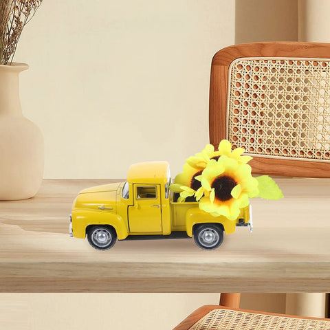 Yellow Metal Truck Decor With Artificial Sunflowers Vintage Farmhouse Charm Tiered Tray Ornament for cozy home display