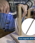 600 Pack No 8 Screws For Interior Pocket Hole Joinery One And A Quarter Inch Length Coarse Thread Square Drive Washer Head Zinc Plated Includes One Hundred Fifty Millimeter Drive Bit Built For Fast Easy Woodworking Installations, shown with drill in use on wood.