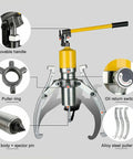 Heavy Duty Hydraulic Gear Puller Kit 15 Ton Interchangeable Two Three Jaw Extractor For Shaft Pulley And Bearing Removal, showing movable handle and pump body.