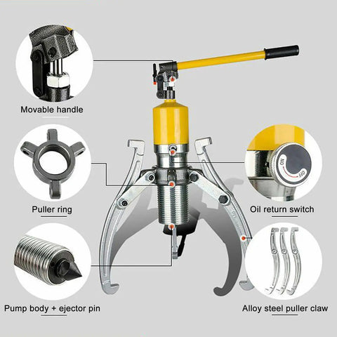 Heavy Duty Hydraulic Gear Puller Kit 15 Ton Interchangeable Two Three Jaw Extractor For Shaft Pulley And Bearing Removal, showing movable handle and pump body.