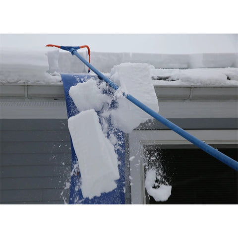 Roof Snow Rake With Seventeen Inch Wide Head And Fifteen And A Half Foot Telescoping Pole For Quick Snow Removal From The Ground No Fuss Snap Together Assembly With Four Fiberglass Handles Ideal Roof Clearing Tool Assembled In The USA, removing snow from roof edge