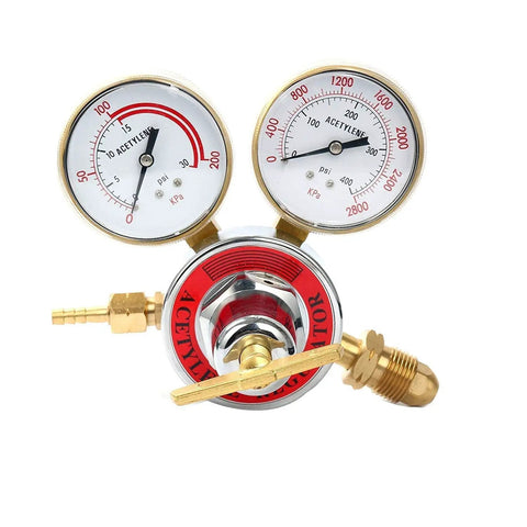 Go-To Dual Welding Gas Regulators Set With Oxygen CGA-540 And Acetylene CGA-510, brass construction, acetylene regulator detail.