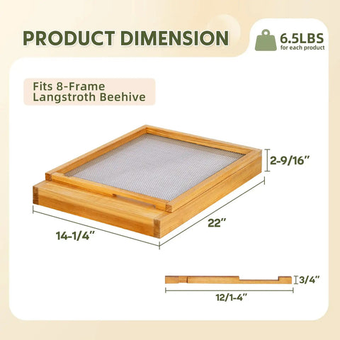 8 Frame Screened Bottom Board For Langstroth Beehives with product dimensions and weight details shown.