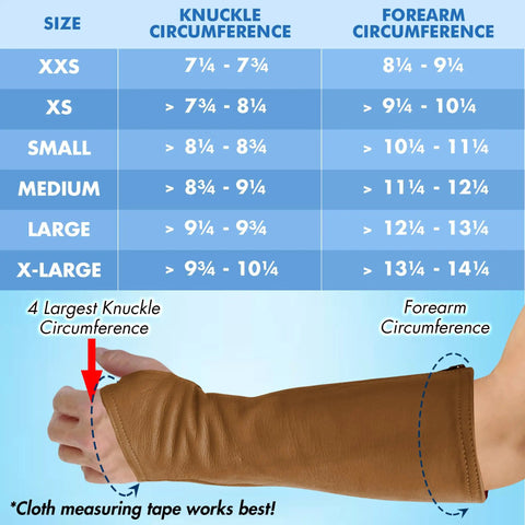 Kickass Genuine Cowhide Arm Chaps And Slip Resistant Sleeves size chart showing knuckle and forearm circumference measurements.