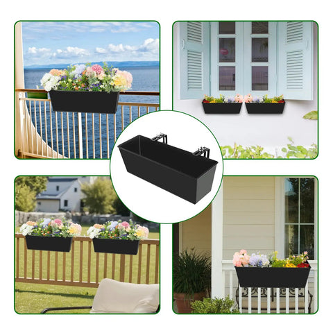Railing Planter Set For Outdoor Plants 16 Inch Metal Rectangular Window Boxes With Adjustable Brackets And Drainage Hanging Pots