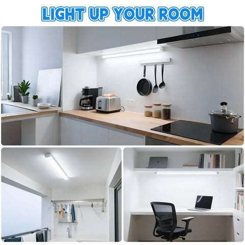 Lit 3Ft LED Tube Light 14W 30W Equivalent Daylight 5000K 1600LM installed in kitchen, laundry, and office spaces