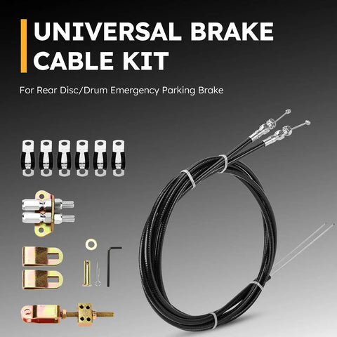 Solid Gold Universal Parking Brake Cable Replacement Kit With 110 Inch Durable Lines for rear disc/drum brakes showing cables and hardware.