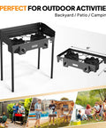 Go To Two Burner Outdoor Camp Stove With Wind Panel And 150000 BTU Propane Burner for large gatherings, detachable legs shown