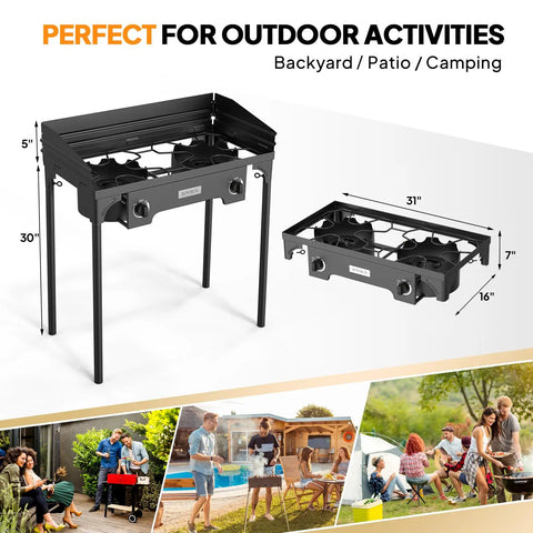 Go To Two Burner Outdoor Camp Stove With Wind Panel And 150000 BTU Propane Burner for large gatherings, detachable legs shown