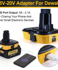 20V To 18V Battery Adapter With USB Port For Quick Charge Tools, showing side view and USB port charging a phone