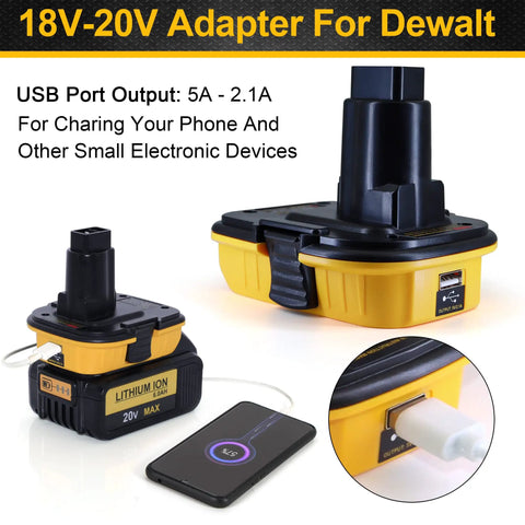20V To 18V Battery Adapter With USB Port For Quick Charge Tools, showing side view and USB port charging a phone