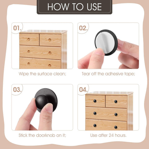 Step-by-step guide for installing 20 Pack Self Adhesive Cabinet Knobs Mini Pull Handles For Cabinets Drawers Wardrobes And Windows.