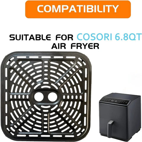 Straight Up Premium Air Fryer Grill Plate For Cosori 6 8 Quart Cookers; 9.3x9.3 inch carbon steel crisper tray with compatibility info.