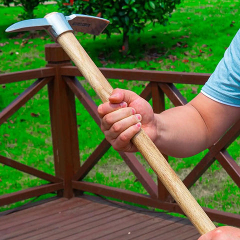 2 In 1 Gardening Pick Axes With Stainless Steel Double Headed Mattock And Wooden Handle Ergonomic Grip In Use Outdoors
