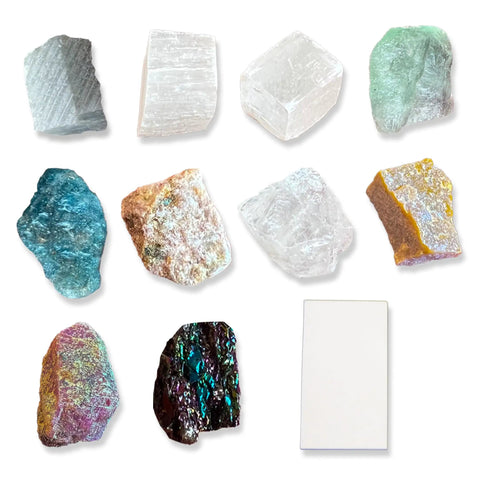 Mohs Hardness Test Kit 11-Piece Set With 10 Mineral Specimens And A Porcelain Streak Plate for Quick Rock ID, Geology Class