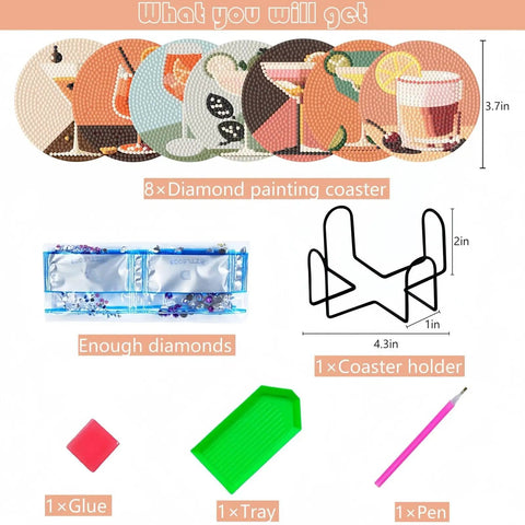 8 Piece Dope Cocktail Diamond Painting Coaster Set With Holder For Drinks And Coffee Table, DIY tools included