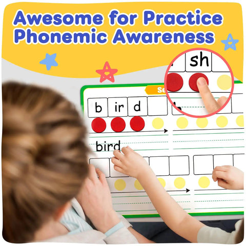 Children using Giant Phonics Dry Erase Cards Six Pack For Phonemic Awareness And Syllable Practice with counters.