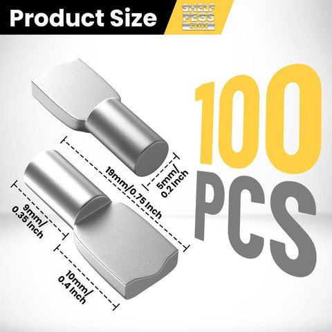 Heavy Duty 100 Pack Stainless Steel Shelf Pins With Polished Nickel Finish dimensions shown in two angles, 5mm size, ideal for cabinets.