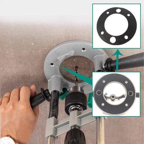 Hands using Versatile Drill Press Stand For Woodworking Lightweight Aluminum Construction Adjustable Vertical Drilling Guide.