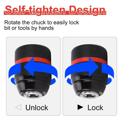 Keyless Drill Chuck Set For Hand Drills And Impact Drivers, Adds One Half Inch 20 UNF Mount, illustrating self-tightening design