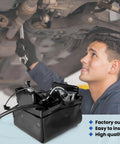 Front view of FLOVENTIS air ride suspension compressor pump with mechanic working under vehicle