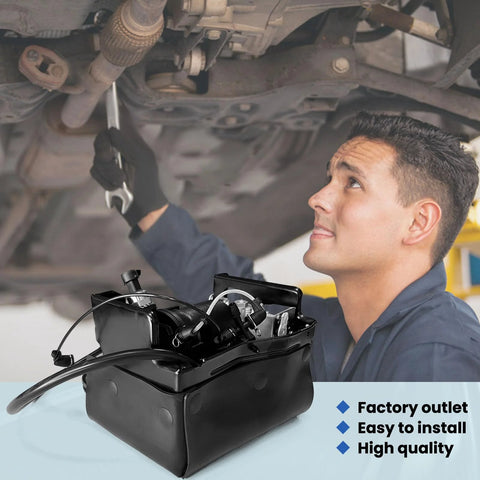 Front view of FLOVENTIS air ride suspension compressor pump with mechanic working under vehicle